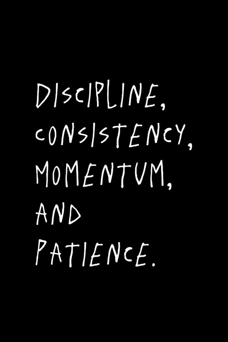 Minimal black poster with white handwritten text reading “Discipline, Consistency, Momentum, and Patience,” expressing focus, self control, long term growth, and the mindset required to build success and make money.