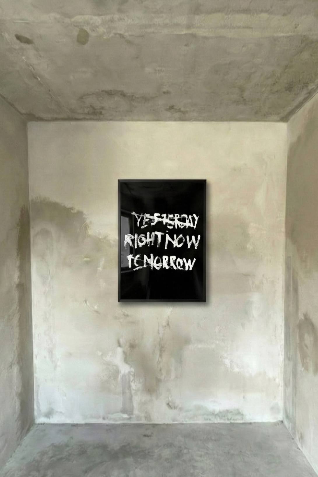 Black-framed poster with distressed white typography, centered in square frame