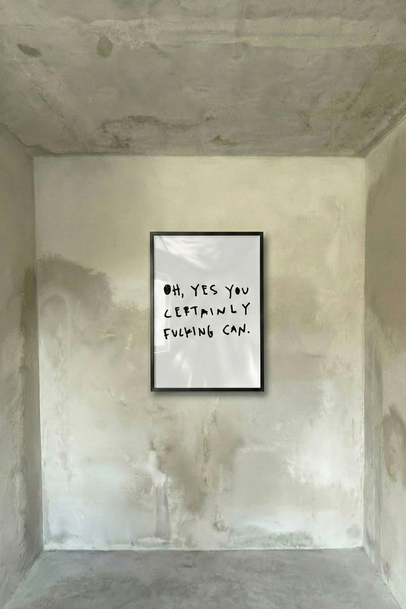 Framed typographic poster, dark frame, handwritten-style text on light background
