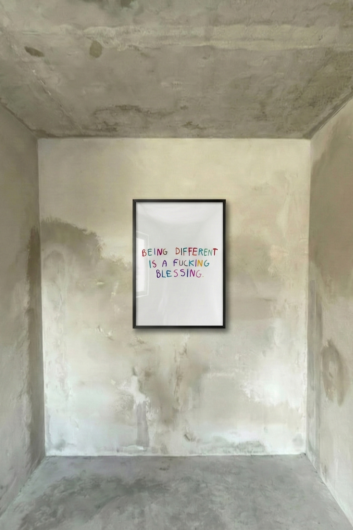 Black framed typography poster with handwritten quote in red, blue, and teal.