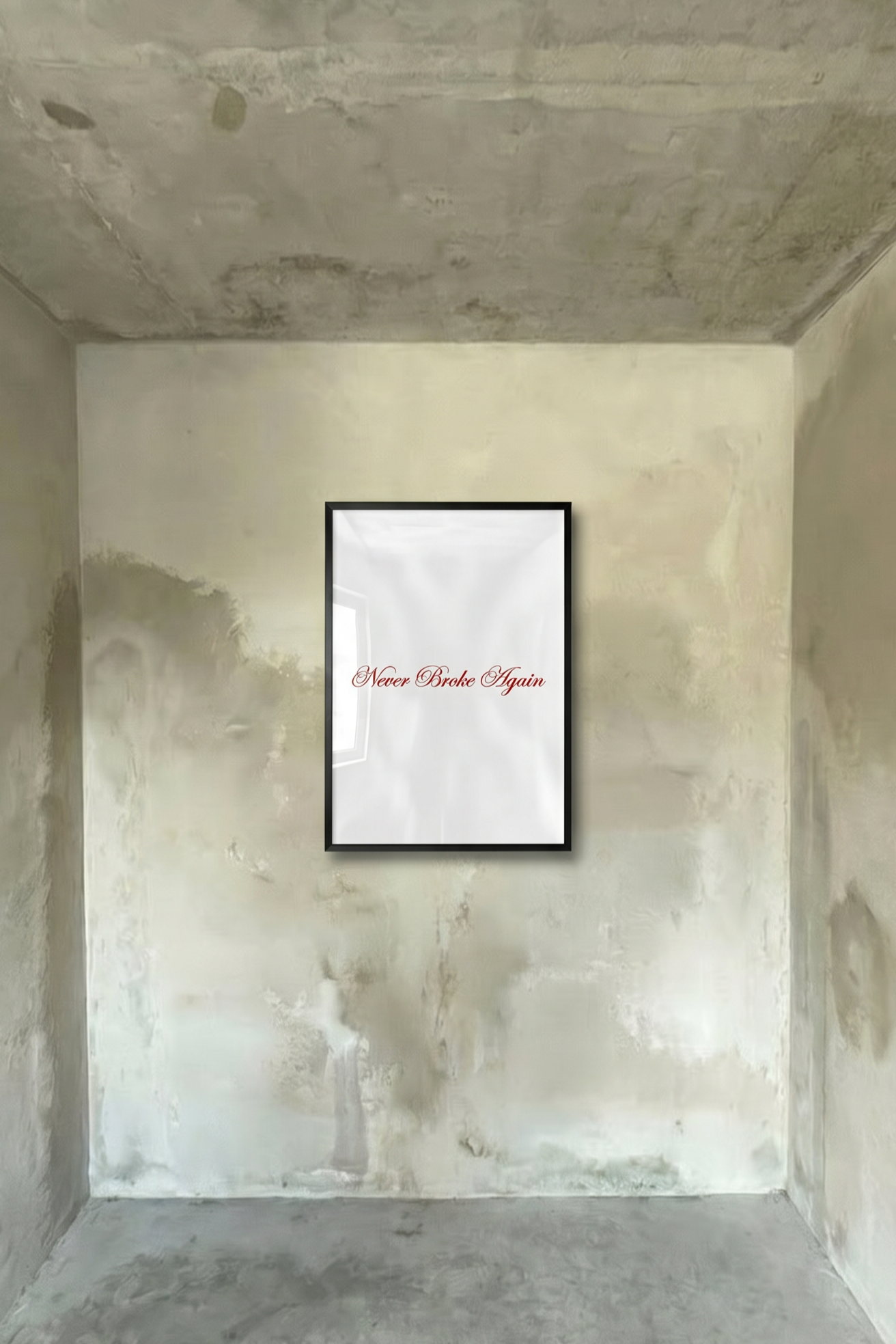 Black frame poster with red script typography on white print