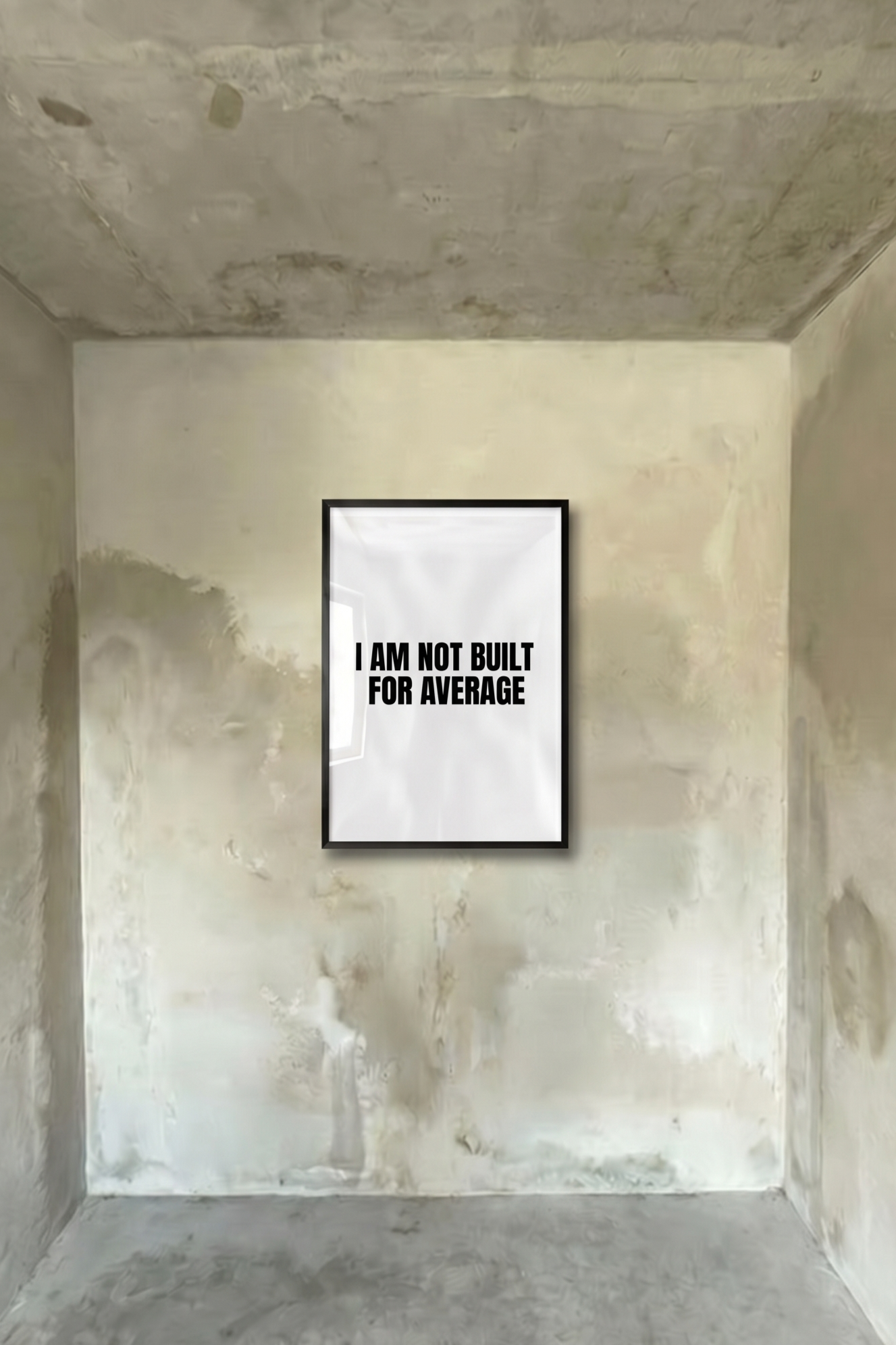 Framed motivational poster with bold text "I AM NOT BUILT FOR AVERAGE"